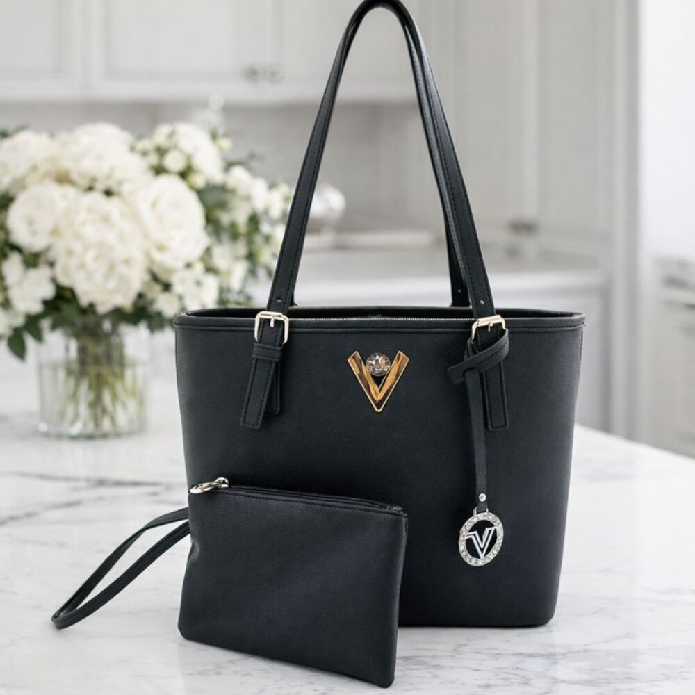 Valentino Orlandi Black Tote with Gold V Accent and Matching Pouch